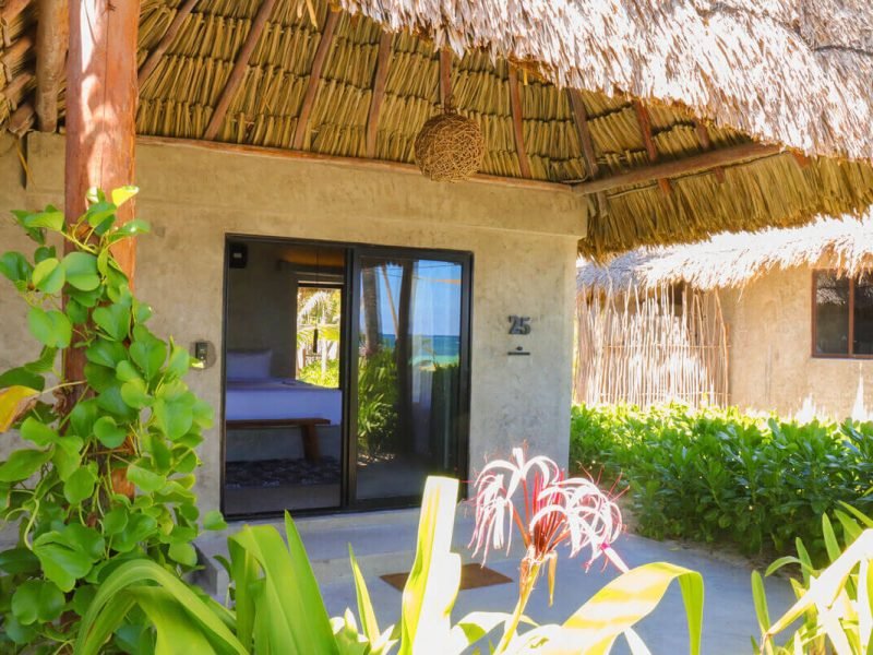 Habitación Ocean View One Bed en Maya Tulum, rodeada de vegetación tropical y flores coloridas